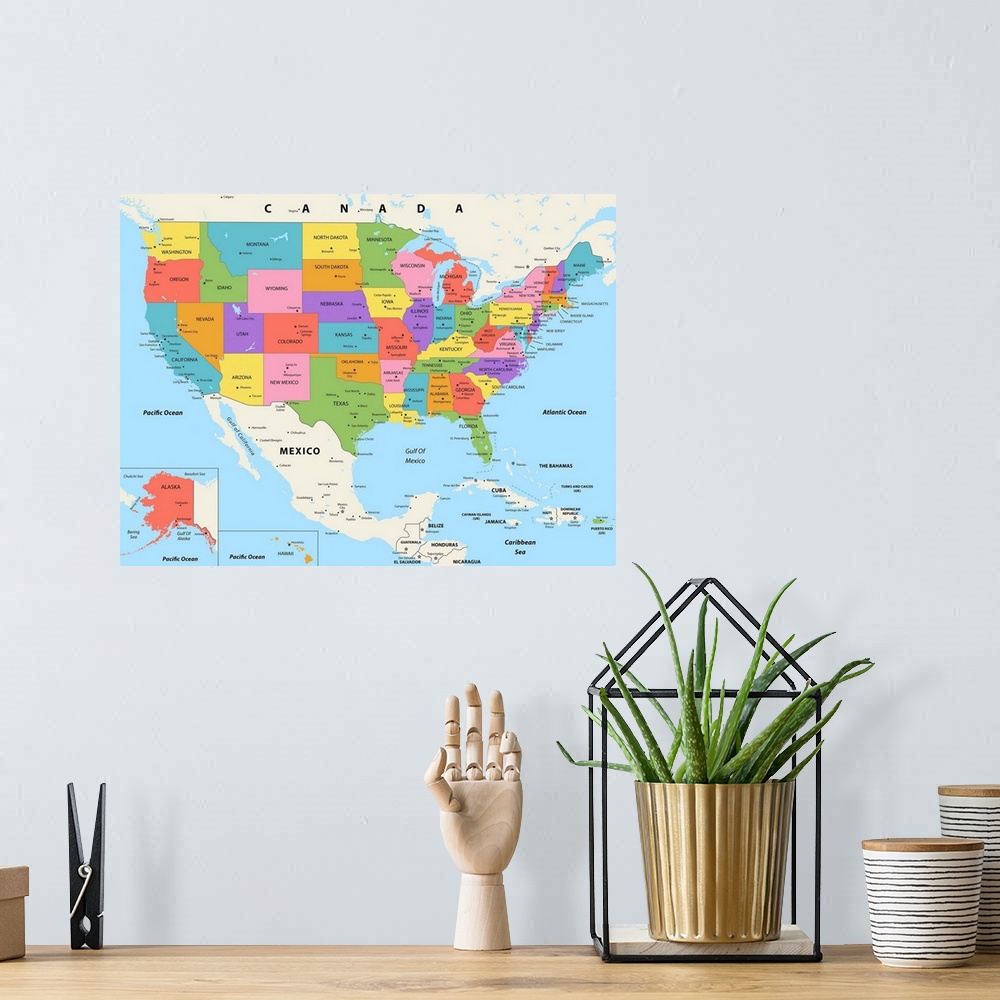 A bohemian room featuring Large color map of the United States of America with a modern font.