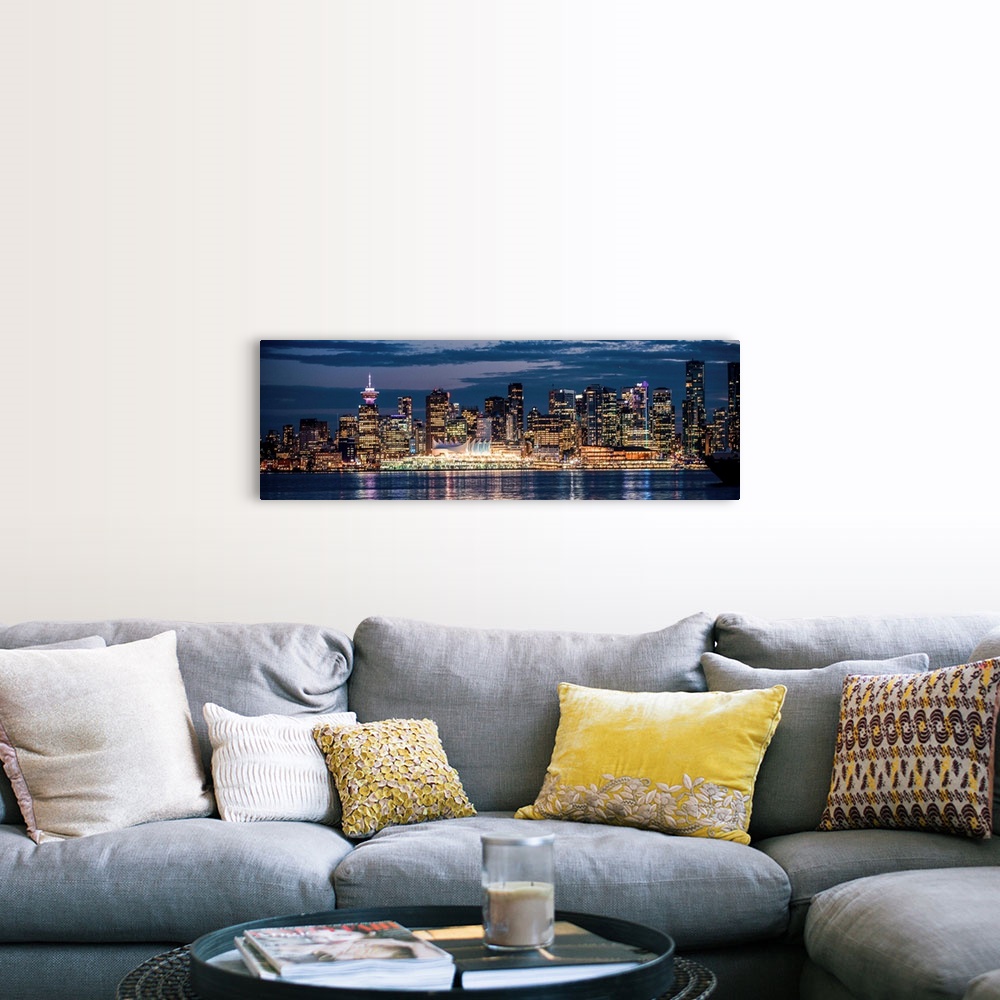A farmhouse room featuring Panoramic photograph of the Vancouver, British Columbia skyline lit up on a dark blue night and r...