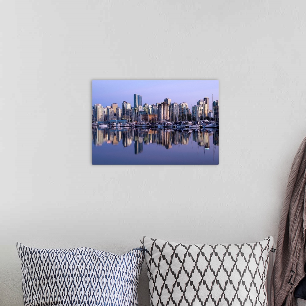 A bohemian room featuring Photograph of a purple sunset over the Vancouver skyline and harbor reflecting onto the False Cre...