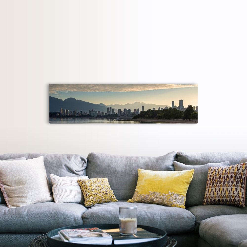 A farmhouse room featuring Panoramic photograph of the Vancouver, British Columbia, Canada skyline at sunset with silhouette...