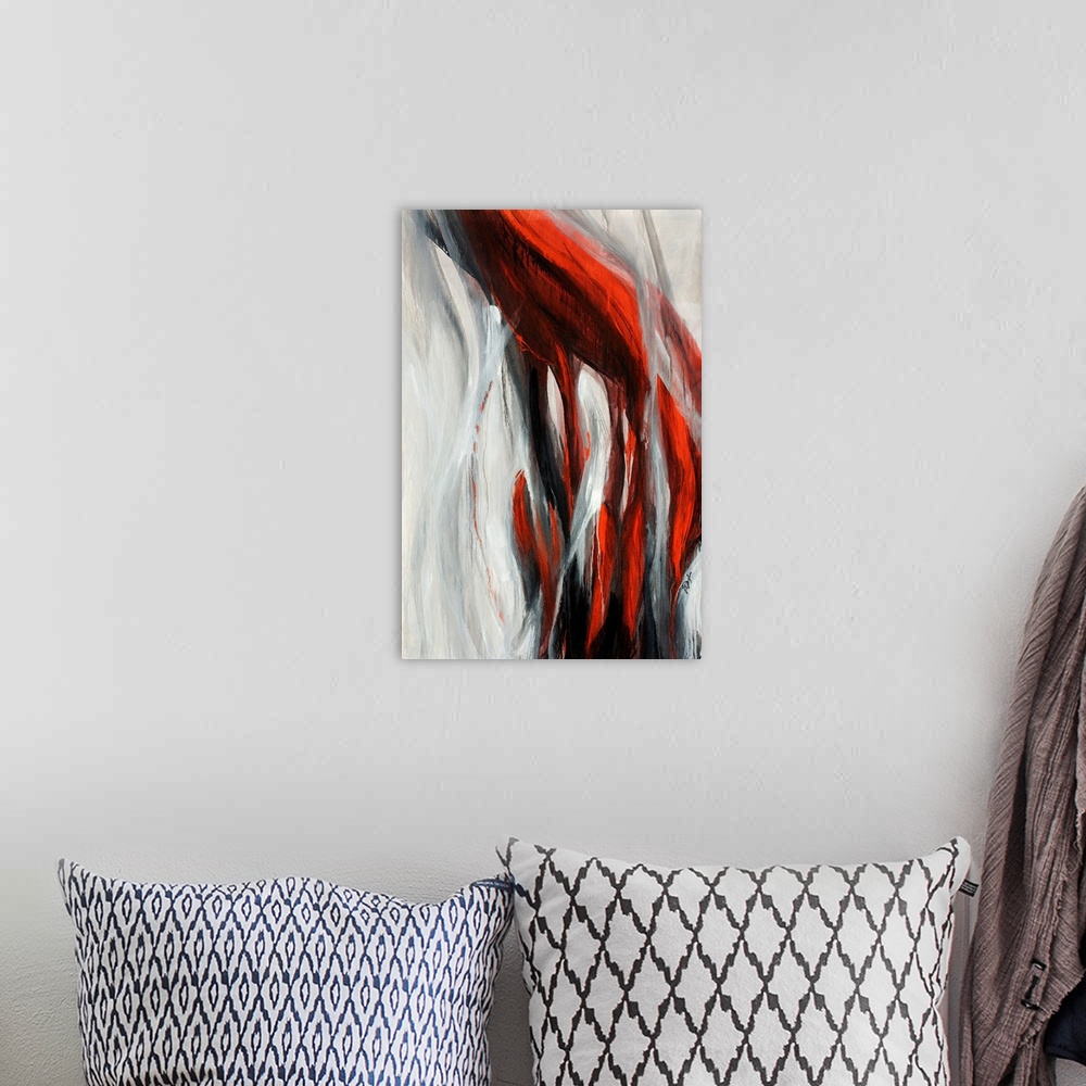 A bohemian room featuring Contemporary abstract painting featuring long trailing strokes, resembling a hand under a hanging...