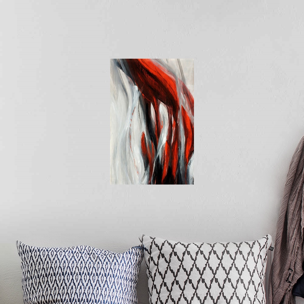 A bohemian room featuring Contemporary abstract painting featuring long trailing strokes, resembling a hand under a hanging...