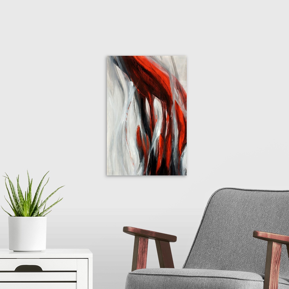 A modern room featuring Contemporary abstract painting featuring long trailing strokes, resembling a hand under a hanging...