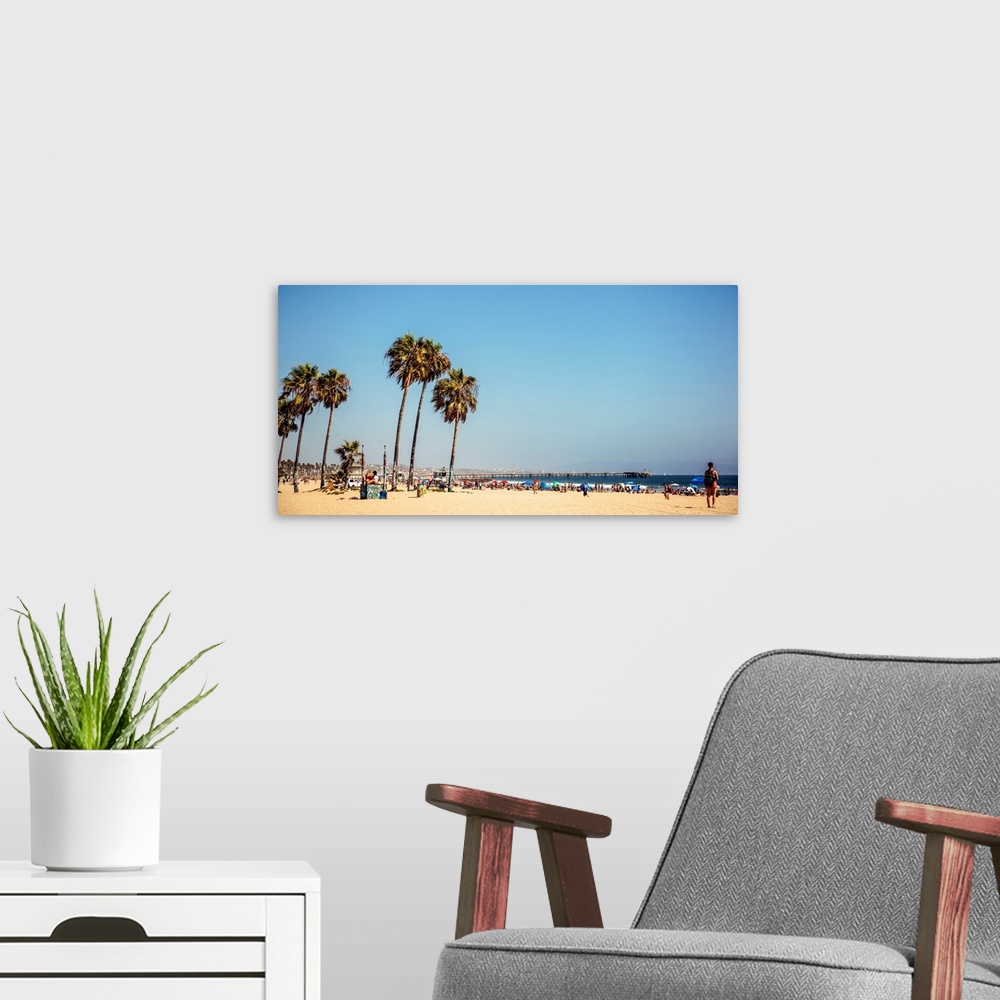 A modern room featuring View of Venice beach with fishing pier in the background, Los Angeles.