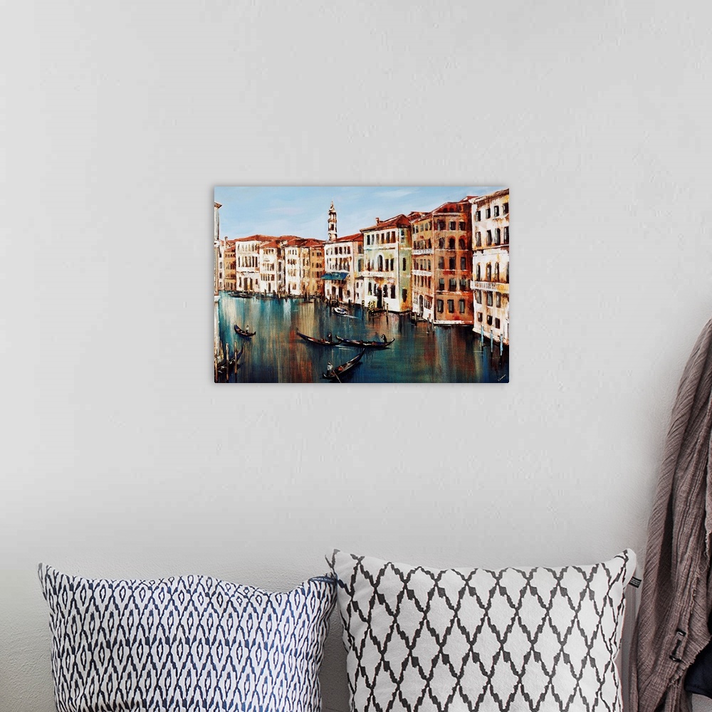 A bohemian room featuring Contemporary painting of gondolas on the Grand Canal in Venice, Italy.