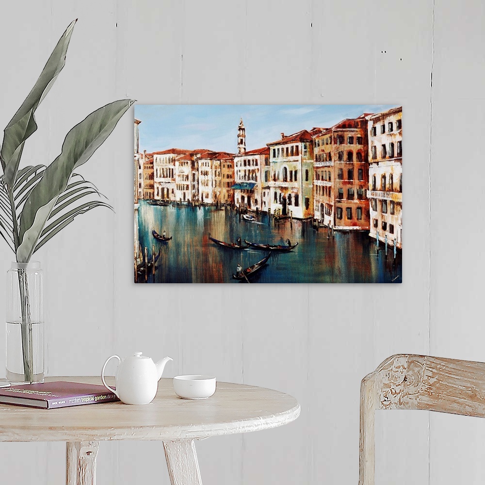 A farmhouse room featuring Contemporary painting of gondolas on the Grand Canal in Venice, Italy.