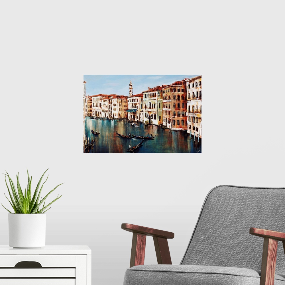 A modern room featuring Contemporary painting of gondolas on the Grand Canal in Venice, Italy.