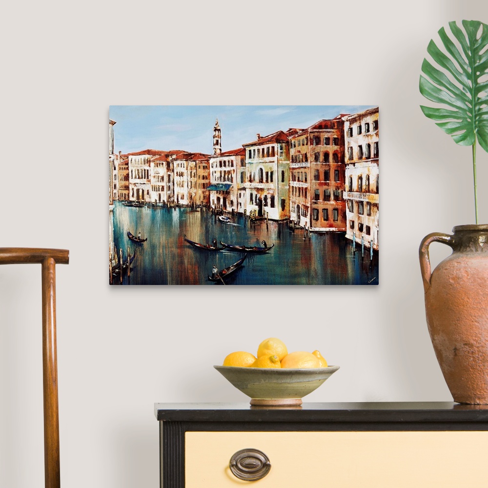 A traditional room featuring Contemporary painting of gondolas on the Grand Canal in Venice, Italy.
