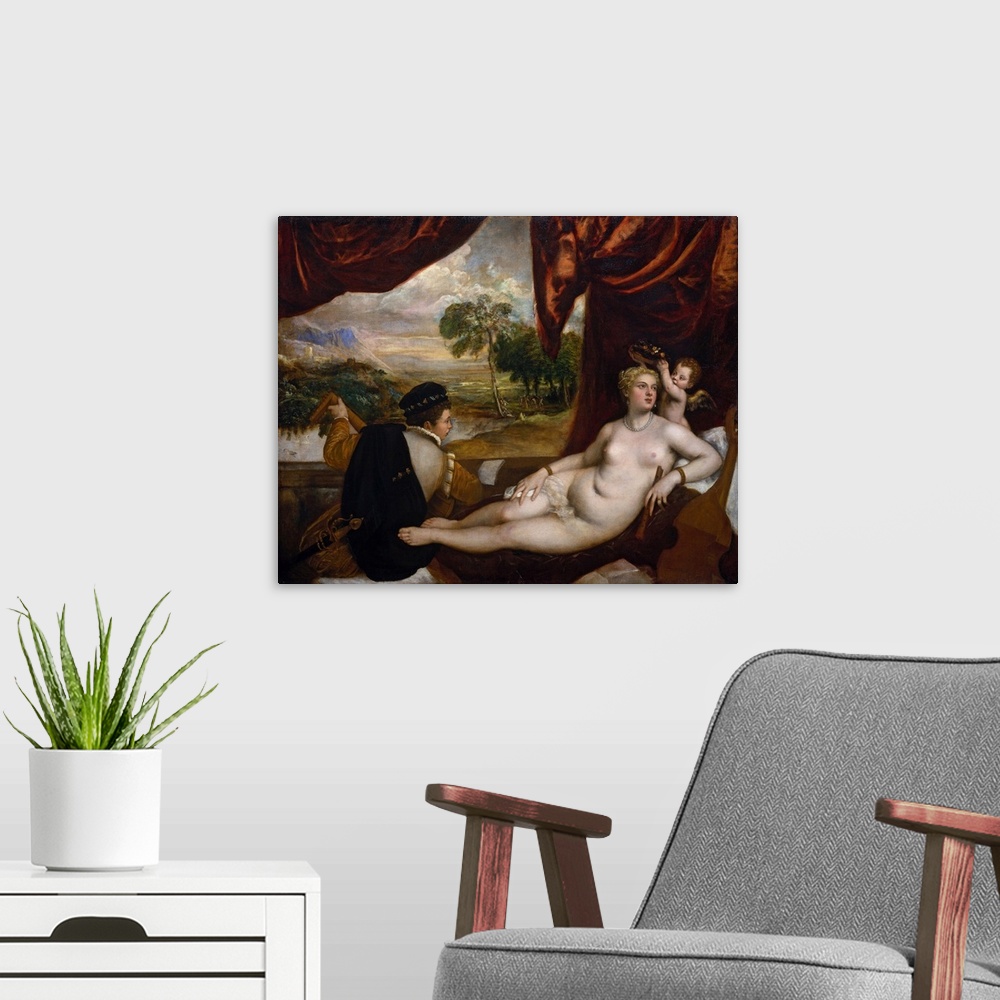 A modern room featuring Titian and his workshop treated the theme of Venus and a musician at various times during the lat...