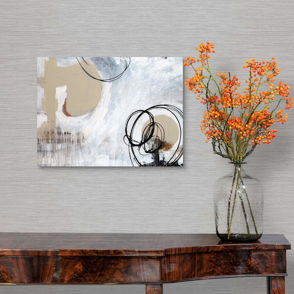 A traditional room featuring Contemporary abstract painting of dripping paint and scribbled ink circles.