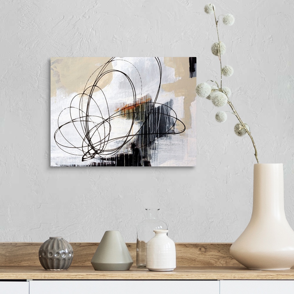 A farmhouse room featuring Horizontal abstract art work of layered paint textures with rapid, circular shapes drawn in this ...
