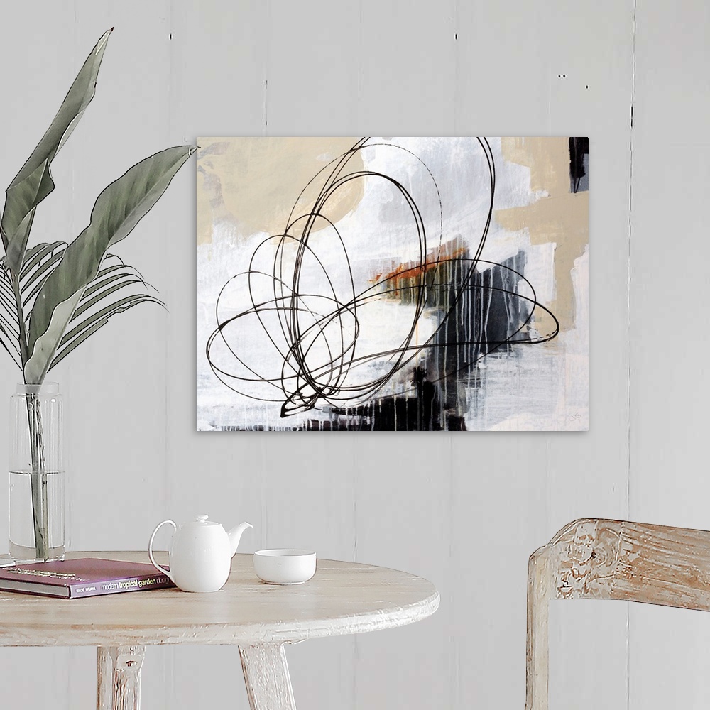 A farmhouse room featuring Horizontal abstract art work of layered paint textures with rapid, circular shapes drawn in this ...