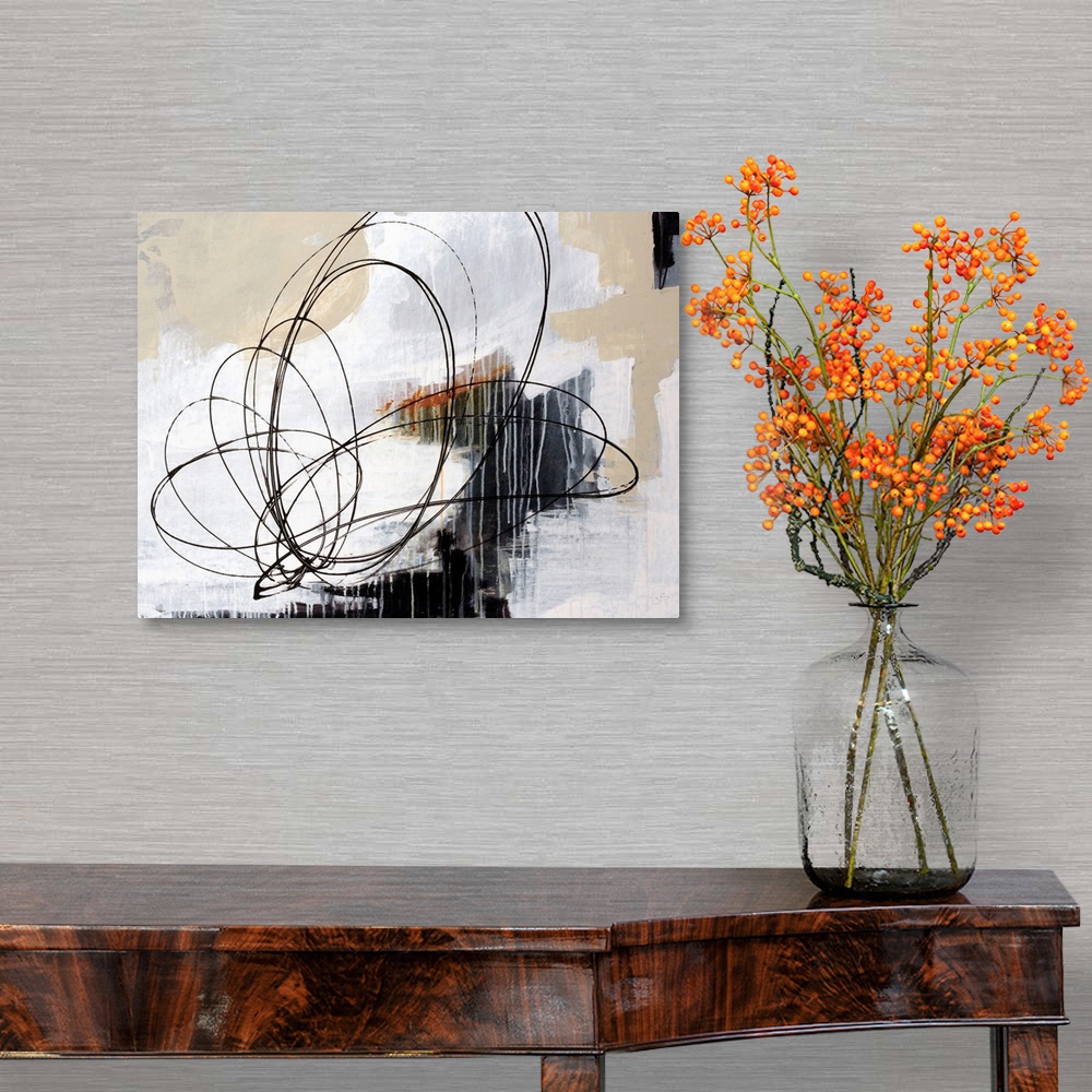A traditional room featuring Horizontal abstract art work of layered paint textures with rapid, circular shapes drawn in this ...