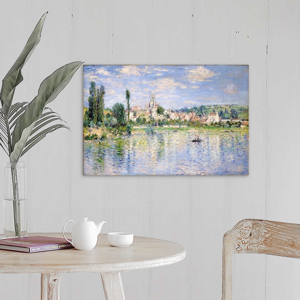 A farmhouse room featuring In this view of Vetheuil, seen from the opposite bank of the Seine, the flicker of individual bru...