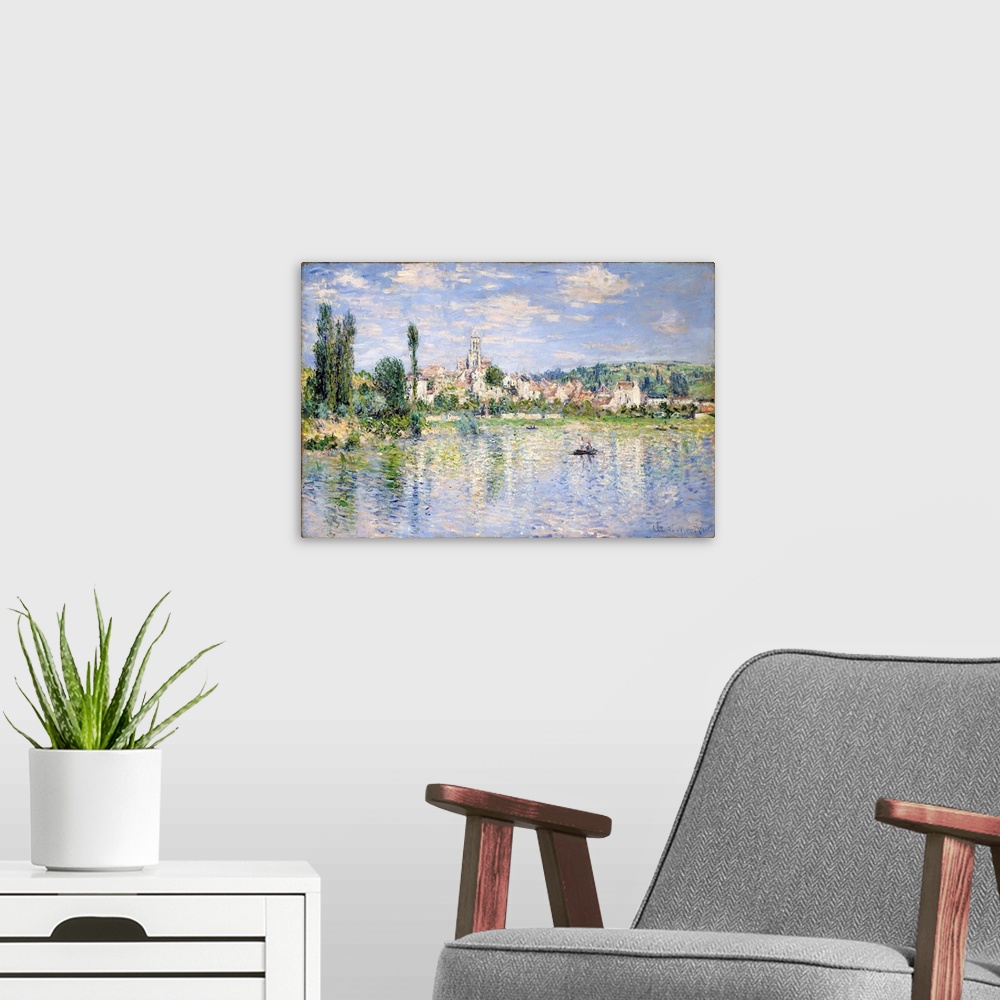 A modern room featuring In this view of Vetheuil, seen from the opposite bank of the Seine, the flicker of individual bru...