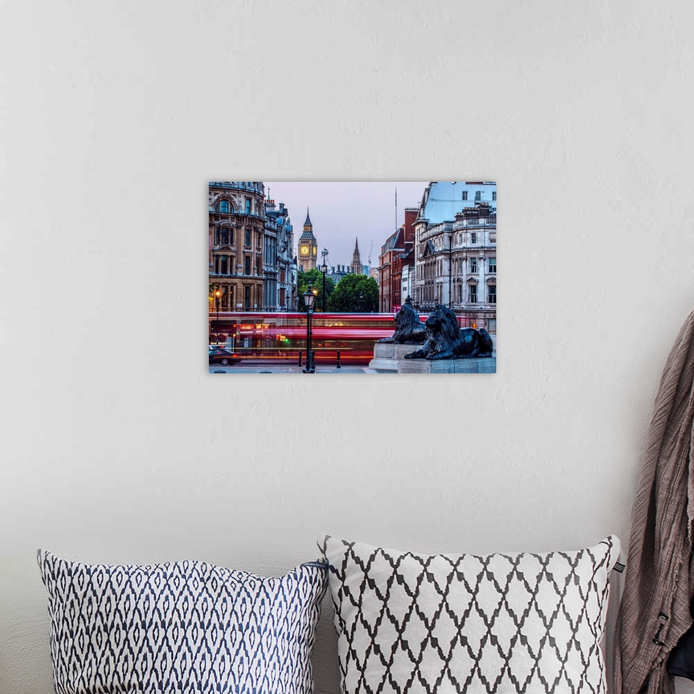 A bohemian room featuring View of Big Ben from Trafalgar Square with a slow shutter speed of a double decker bus in London,...