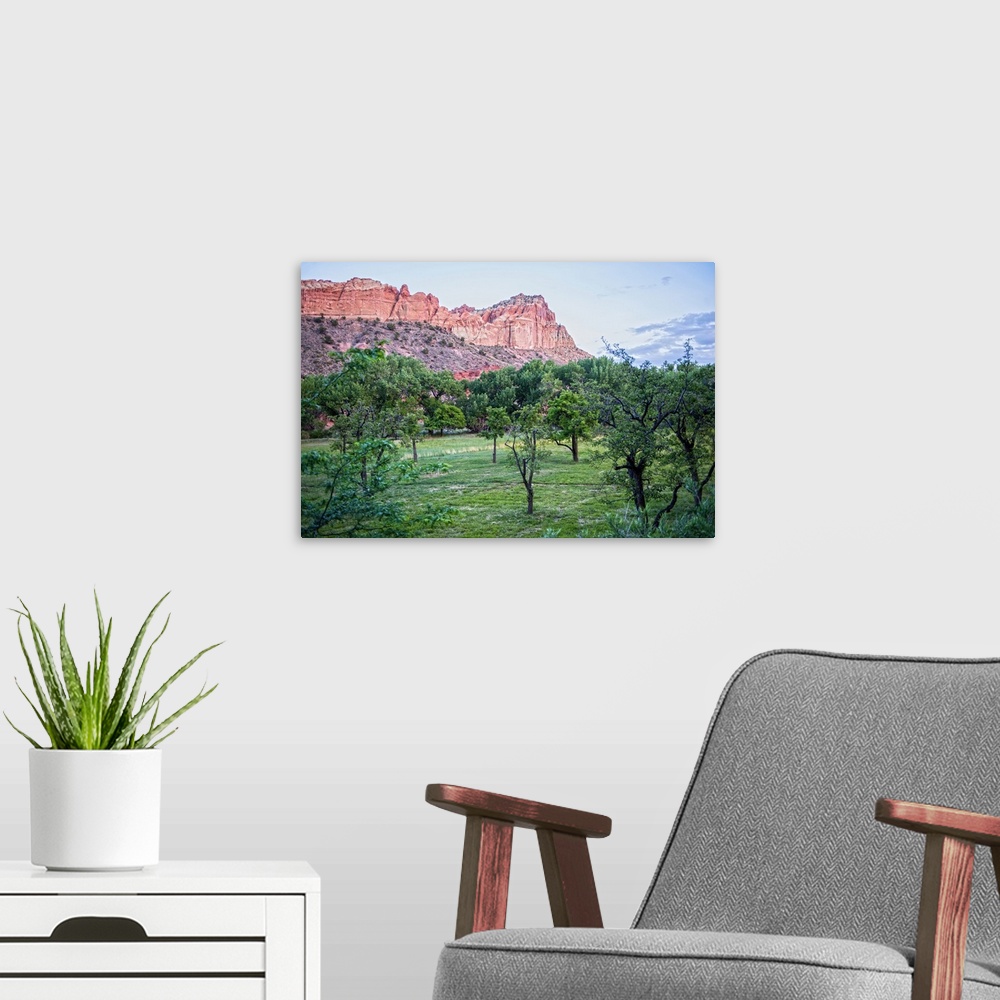 A modern room featuring View of Capitol Reef Rock Ridges near Cohab Canyon from Fruita's Orchards in Capitol Reef Nationa...
