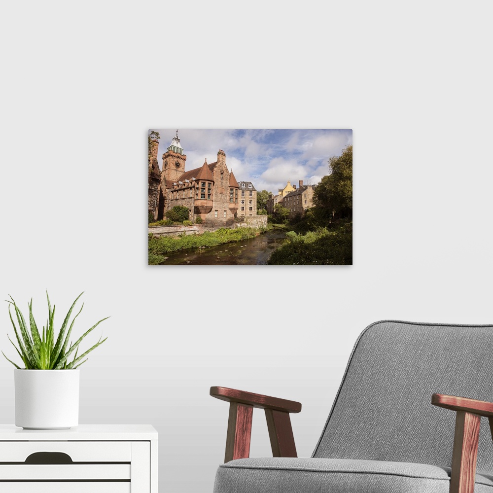 A modern room featuring Landscape photograph of picturesque Dean Village on the Water of Leith in Edinburgh.