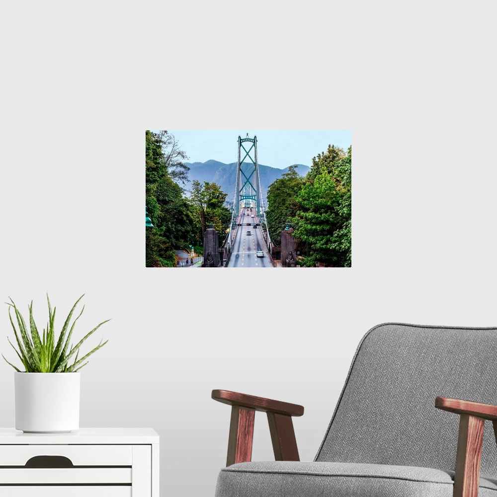 A modern room featuring View of Lions Gate Bridge from Stanley Park in Vancouver, British Columbia, Canada.