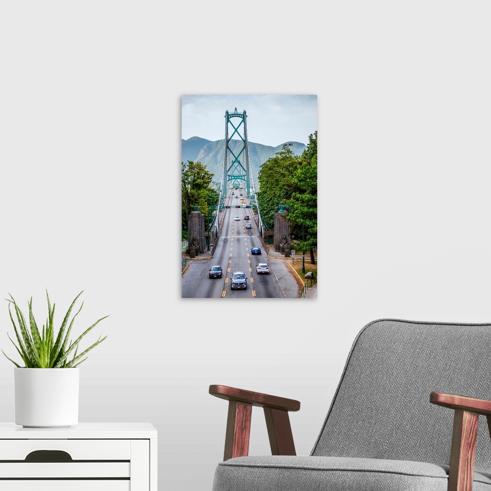 A modern room featuring View of Lions Gate Bridge from Stanley Park in Vancouver, British Columbia, Canada.