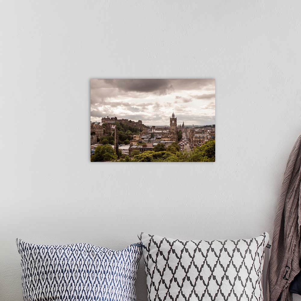 A bohemian room featuring View of the city of Edinburgh with cloudy skies above.