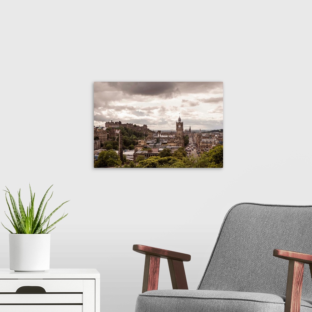 A modern room featuring View of the city of Edinburgh with cloudy skies above.