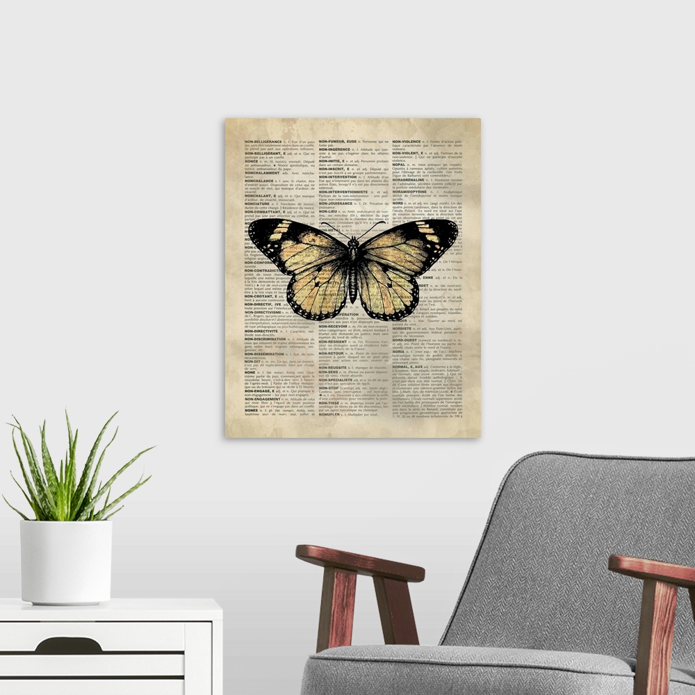 A modern room featuring Vintage Dictionary Art: Butterfly 1