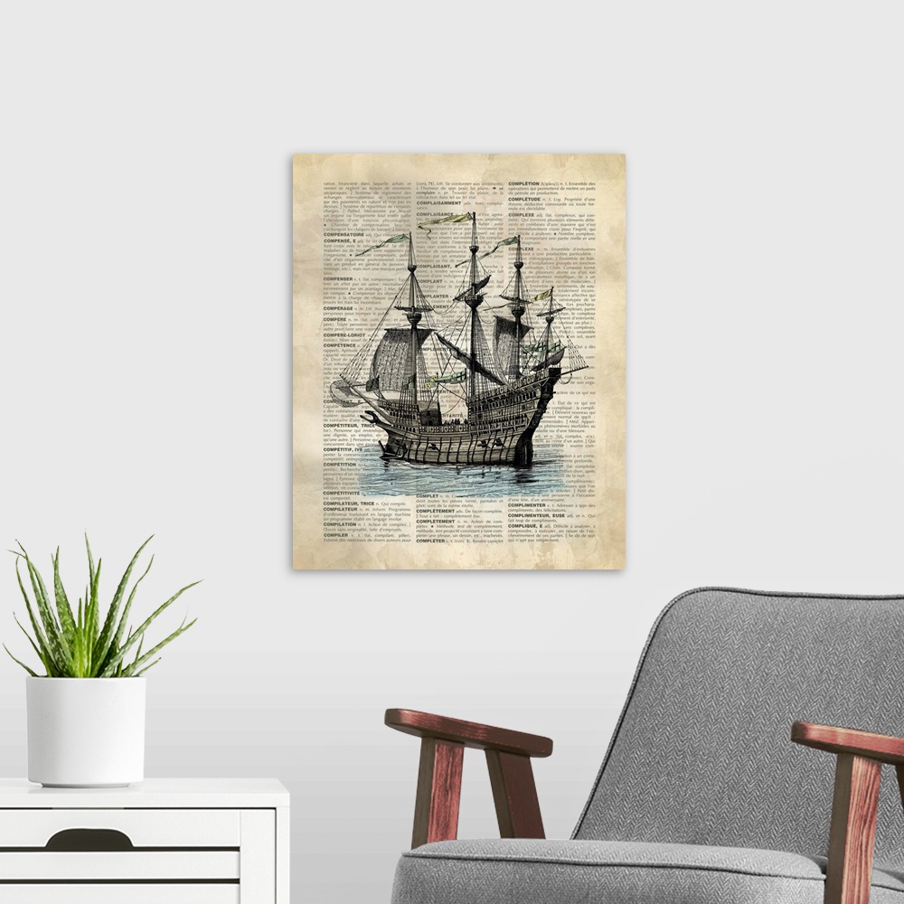 A modern room featuring Vintage Dictionary Art: Ship