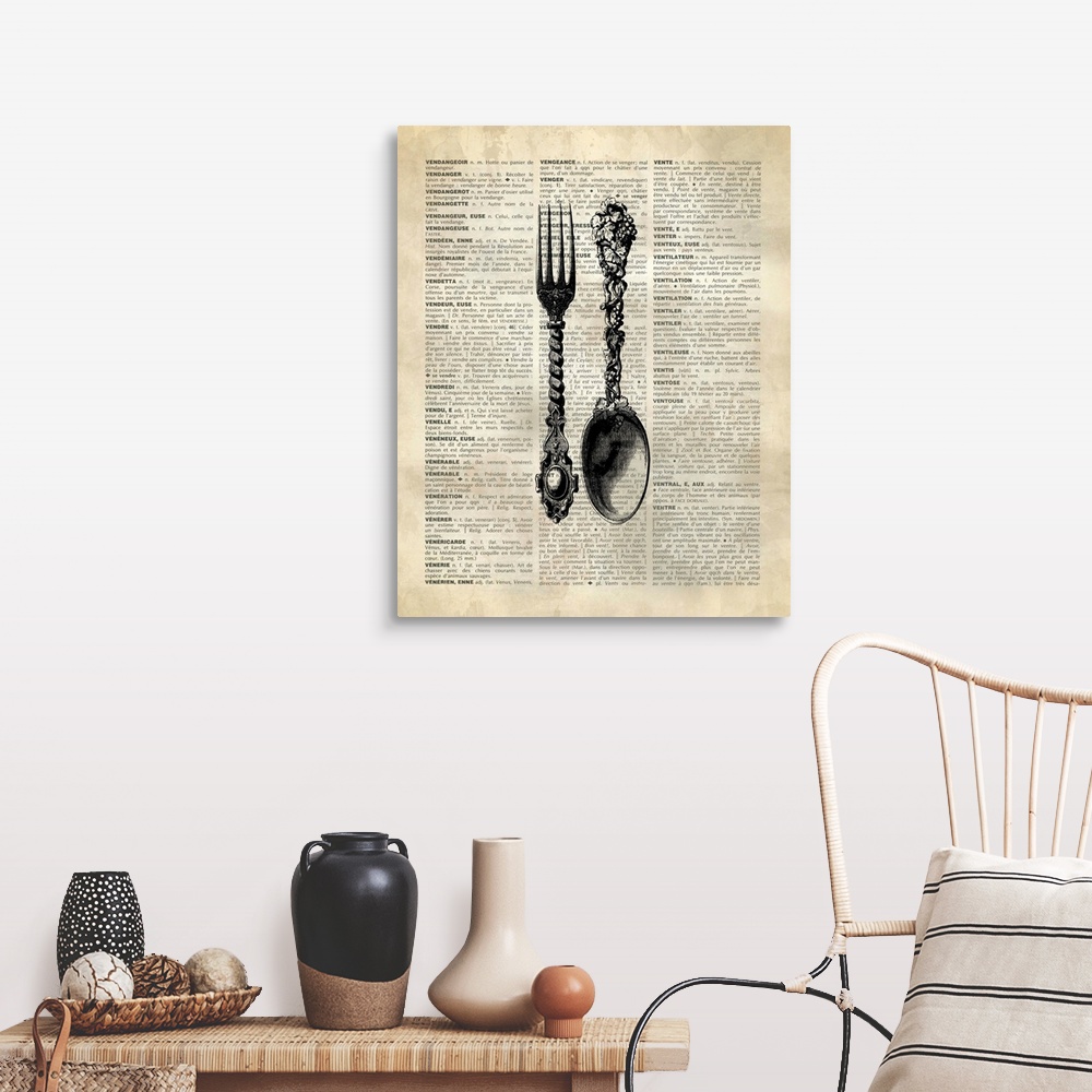 A farmhouse room featuring Vintage Dictionary Art: Spoon and Fork
