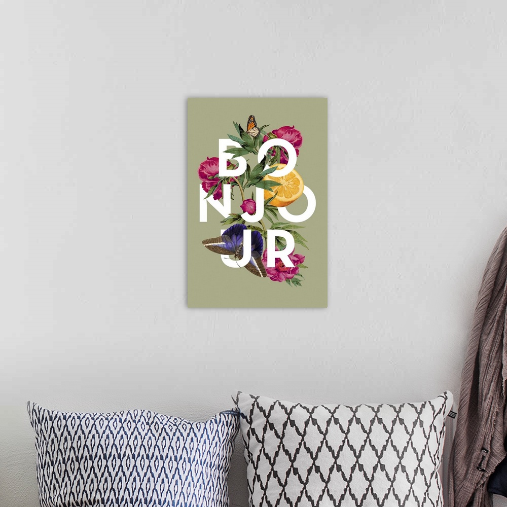 A bohemian room featuring A collage of vintage flowers, fruit and insects intertwined with the word Bonjour on a green back...