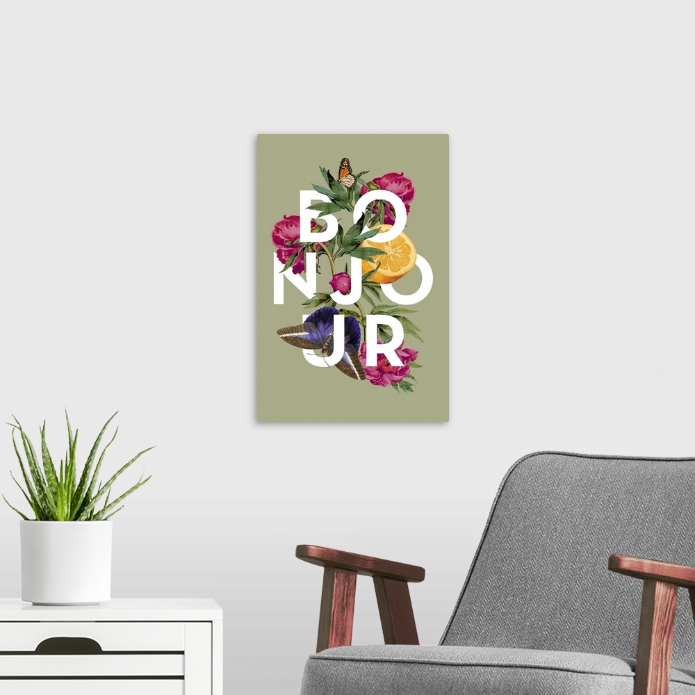 A modern room featuring A collage of vintage flowers, fruit and insects intertwined with the word Bonjour on a green back...