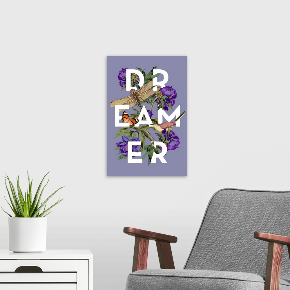 A modern room featuring A collage of vintage flowers, birds and insects intertwined with the word Dreamer on a green back...