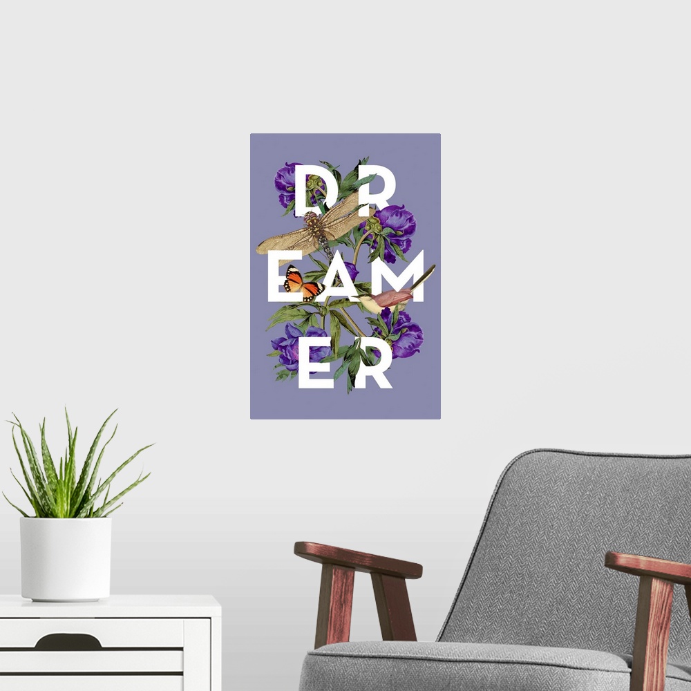 A modern room featuring A collage of vintage flowers, birds and insects intertwined with the word Dreamer on a green back...
