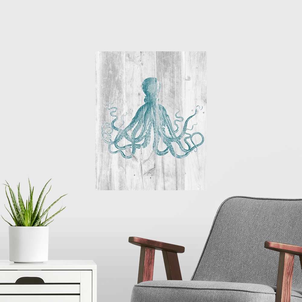 A modern room featuring Vintage illustration of a blue octopus over a faux white barnwood background.