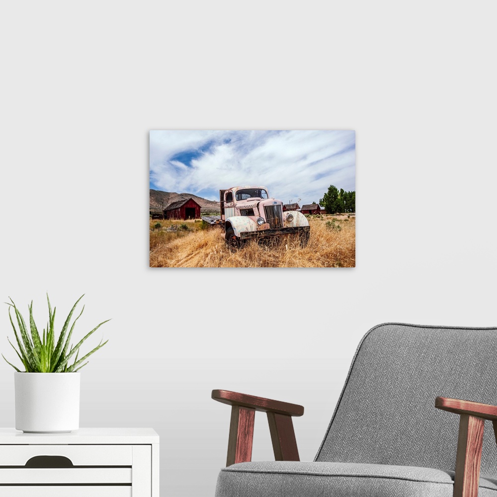 A modern room featuring View of a vintage truck near Lake Tahoe in California and Nevada.