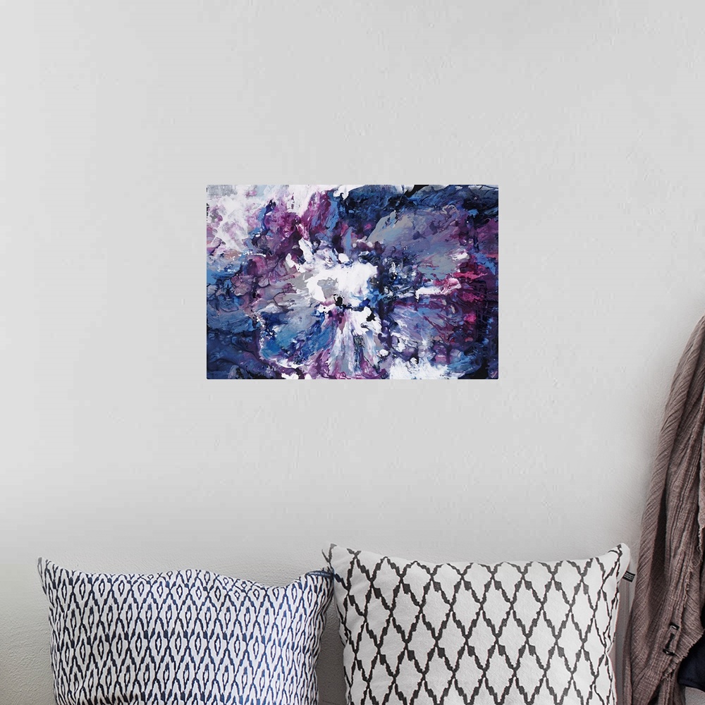 A bohemian room featuring Contemporary abstract painting of clouded forms in various shades of violet.
