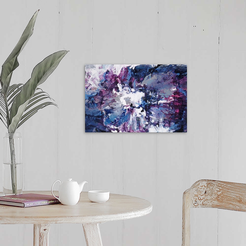 A farmhouse room featuring Contemporary abstract painting of clouded forms in various shades of violet.