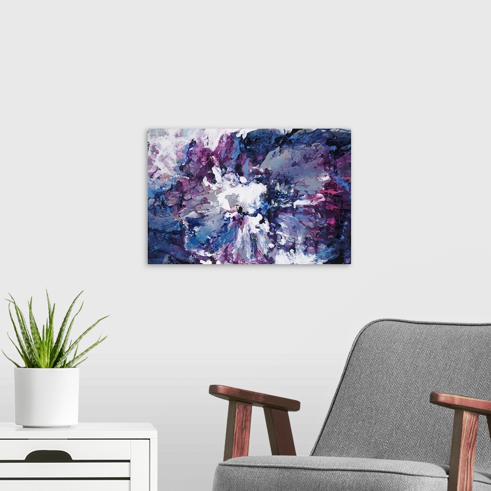 A modern room featuring Contemporary abstract painting of clouded forms in various shades of violet.