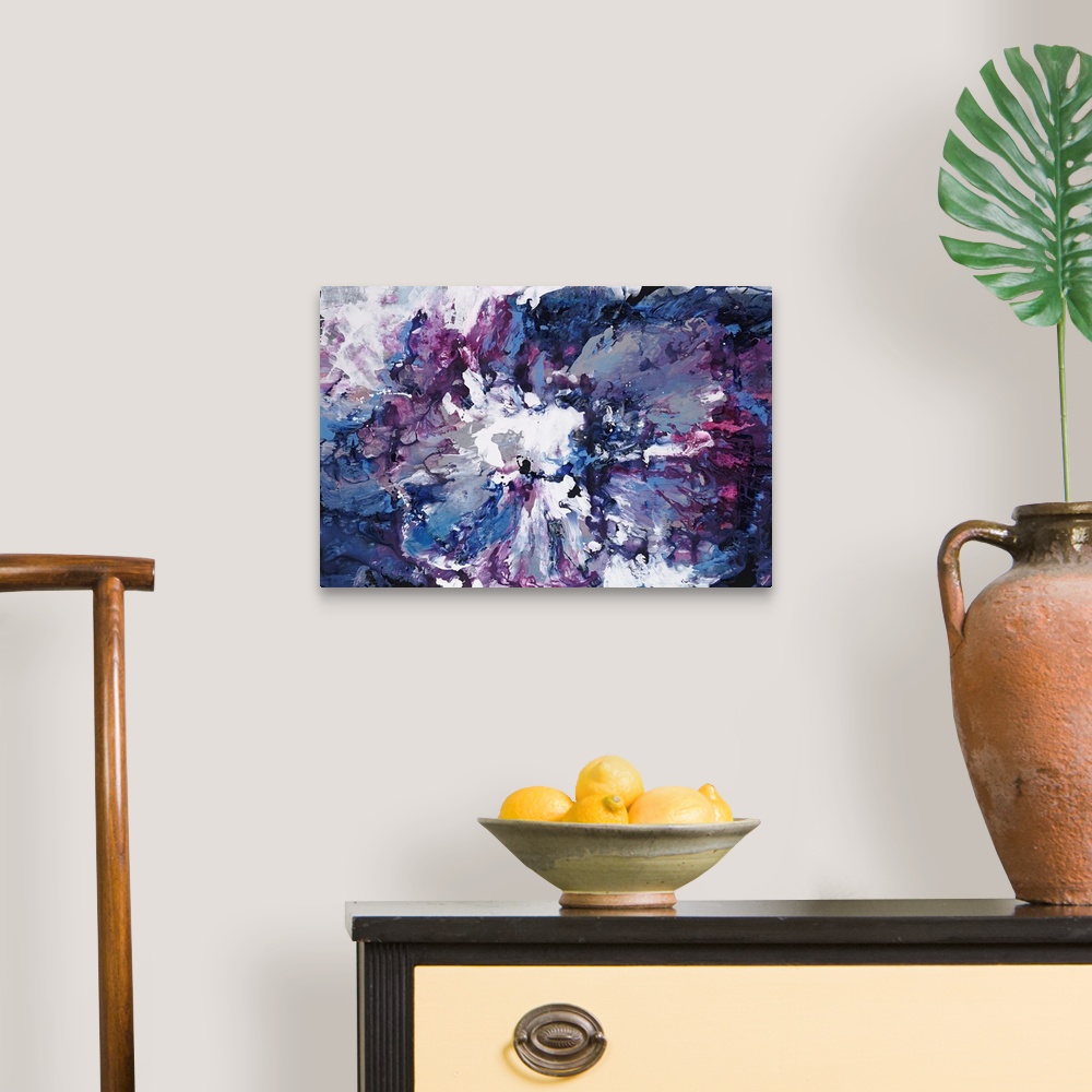 A traditional room featuring Contemporary abstract painting of clouded forms in various shades of violet.