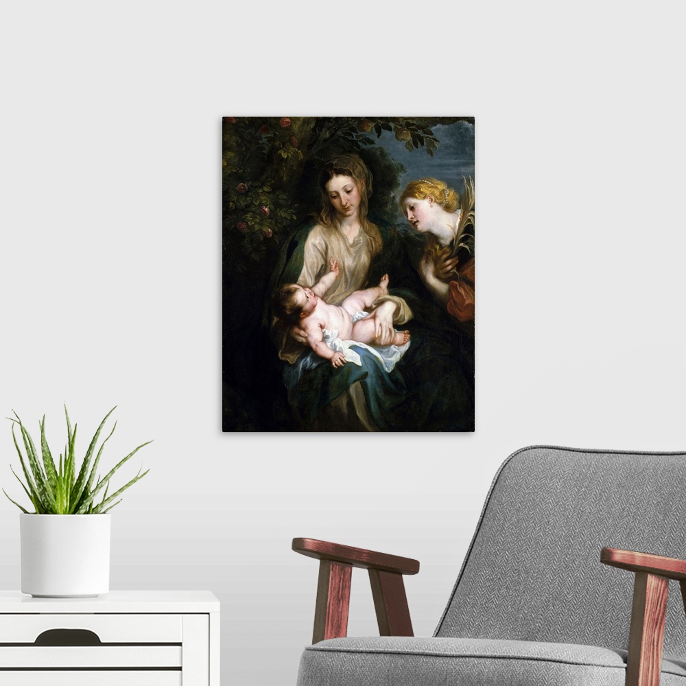 A modern room featuring The infant Jesus responds with playful enthusiasm to an adoring Saint Catherine, a former princes...