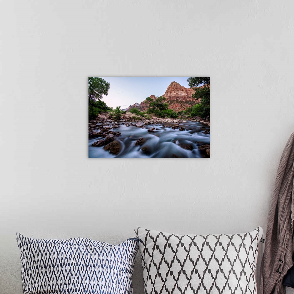 A bohemian room featuring View of Virgin River with 'Bridge Mountain' peak in the background, Zion National Park, Utah.
