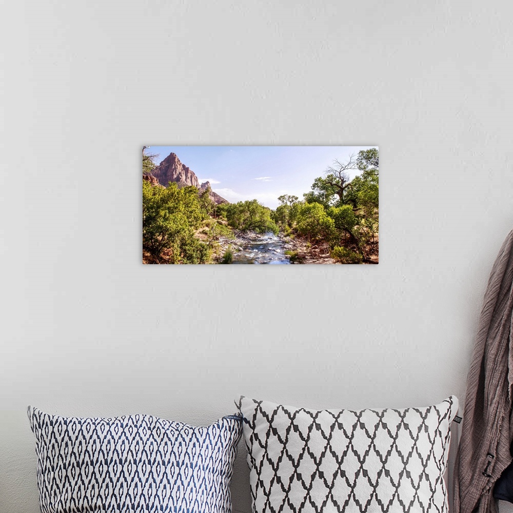 A bohemian room featuring View of Virgin River with 'The Watchman' peak in the background, Zion National Park, Utah.
