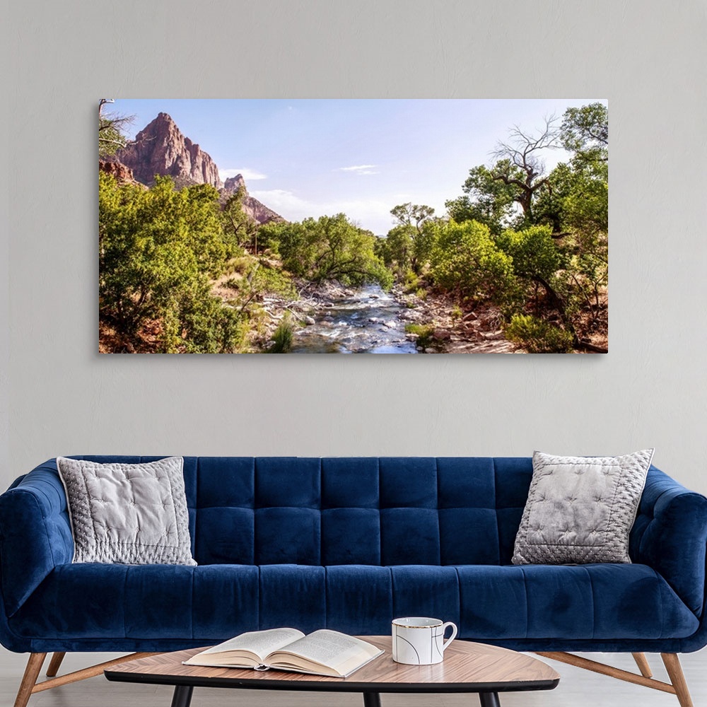 A modern room featuring View of Virgin River with 'The Watchman' peak in the background, Zion National Park, Utah.