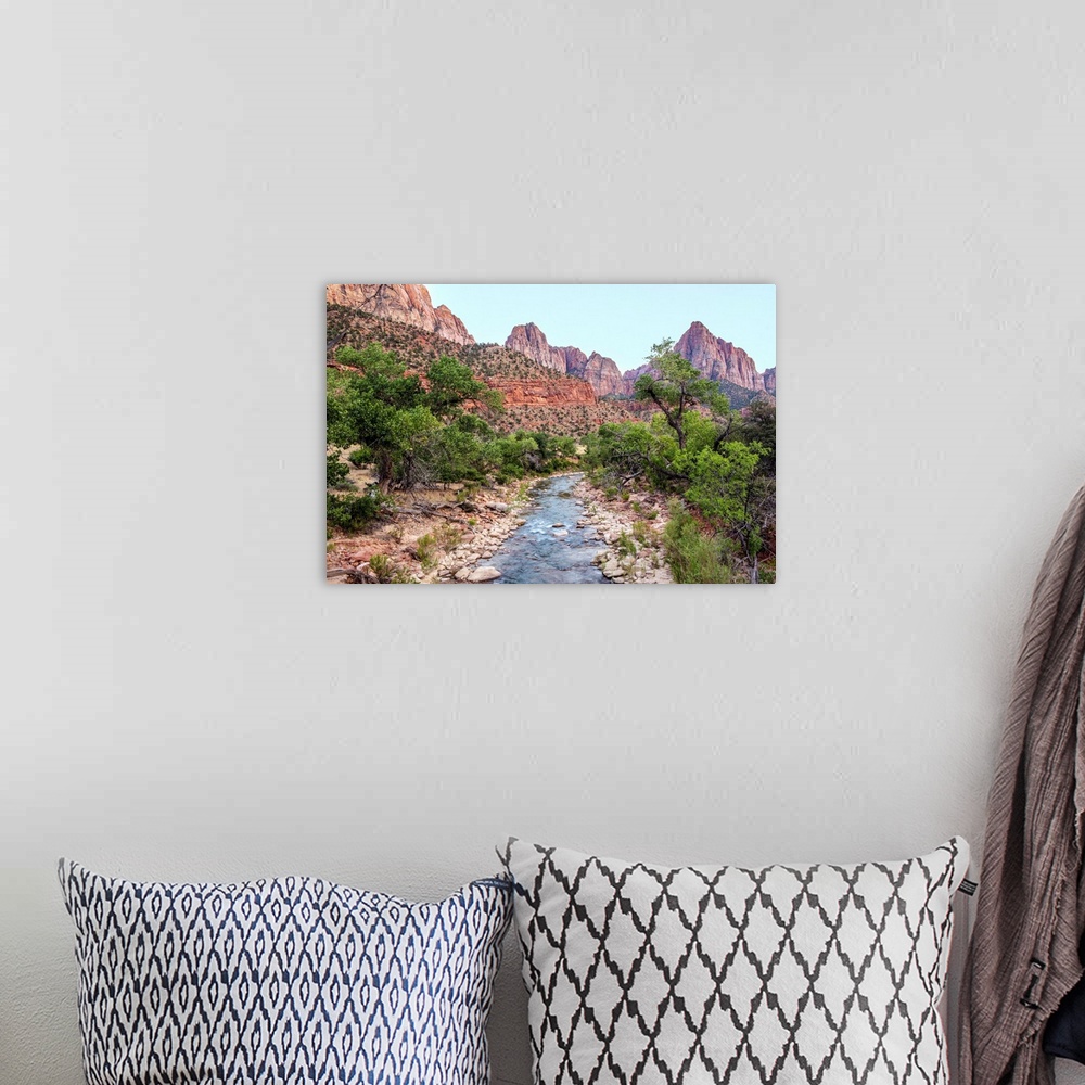 A bohemian room featuring View of Virgin River with 'The Watchman' peak in the background, Zion National Park, Utah.