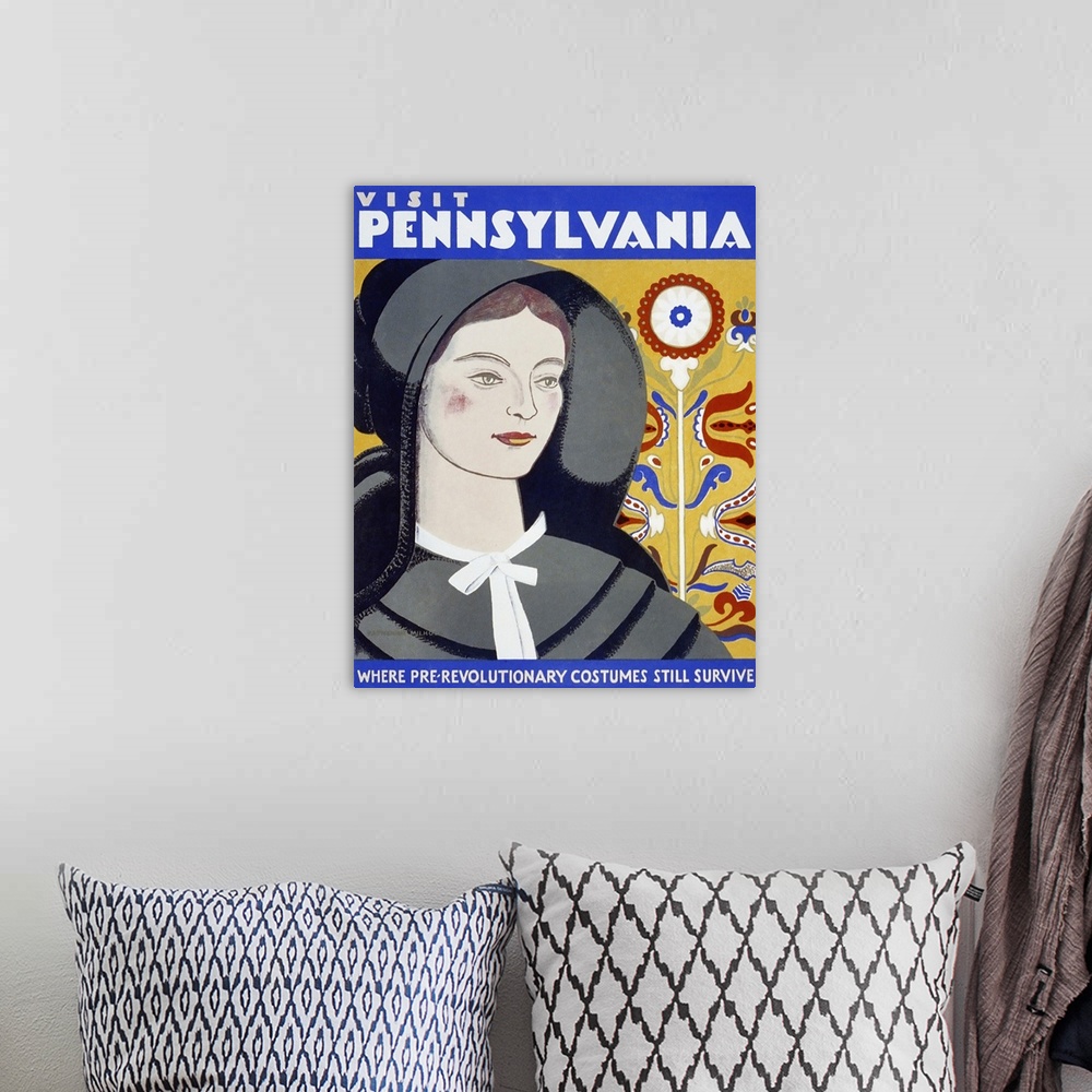 A bohemian room featuring Visit Pennsylvania, where pre-revolutionary costumes still survive. Poster promoting Pennsylvania...