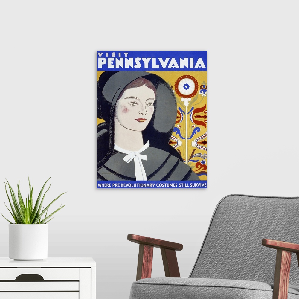A modern room featuring Visit Pennsylvania, where pre-revolutionary costumes still survive. Poster promoting Pennsylvania...