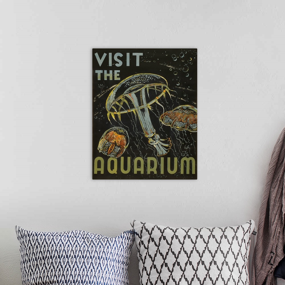 A bohemian room featuring Visit the aquarium. Poster promoting aquariums as places to visit, showing jellyfish. Library of ...