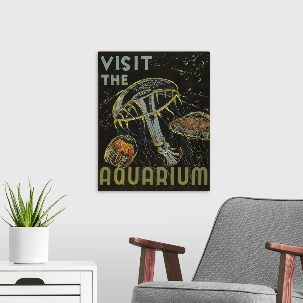 A modern room featuring Visit the aquarium. Poster promoting aquariums as places to visit, showing jellyfish. Library of ...