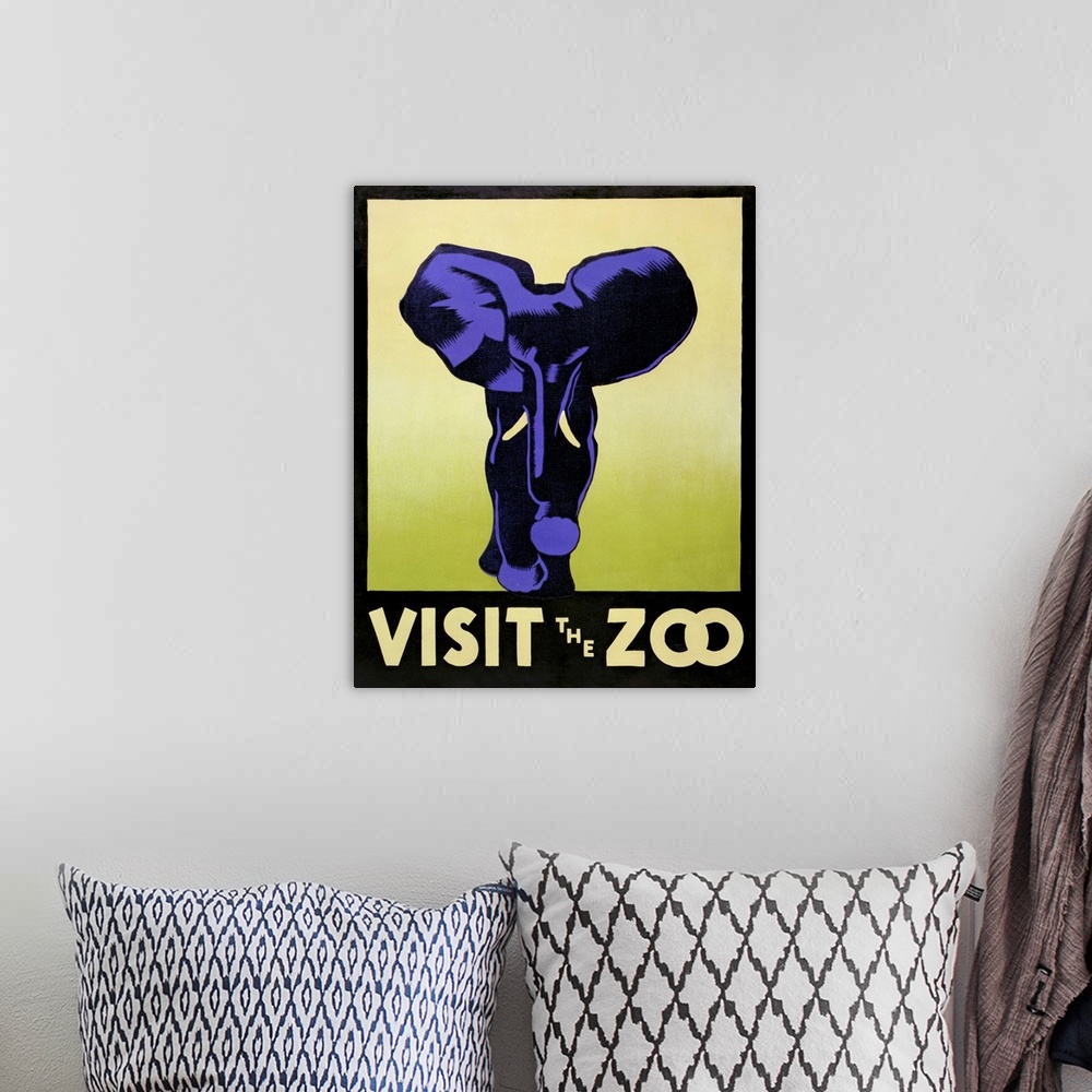 A bohemian room featuring Visit the zoo. Poster promoting the zoo as a place to visit, showing an elephant. Library of Cong...
