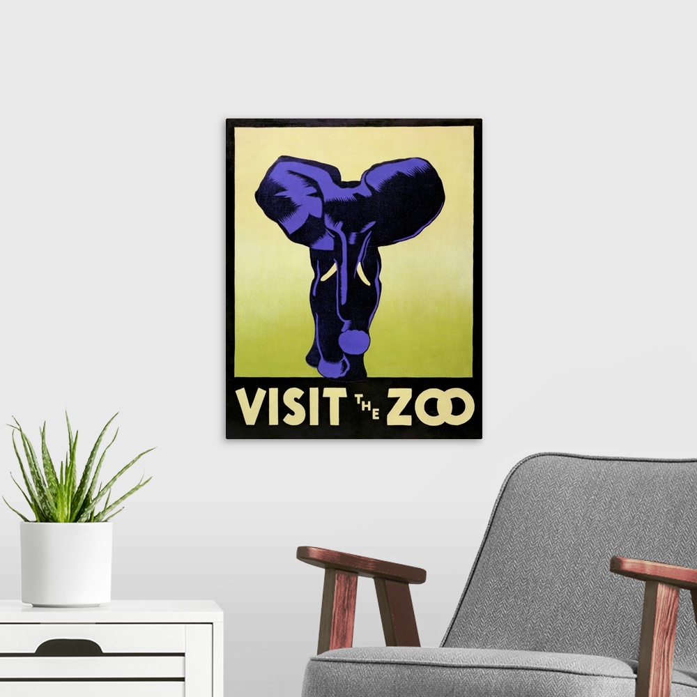 A modern room featuring Visit the zoo. Poster promoting the zoo as a place to visit, showing an elephant. Library of Cong...
